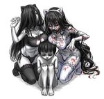  2girls alternate_costume animal_ears bangs barefoot black_eyes black_hair black_panties blood blood_in_mouth blood_on_face bloody_clothes bloody_hair bloody_hands blunt_bangs bowl_cut breast_press breast_rest breasts breasts_on_head cat_cutout cat_ear_panties cat_ears cat_lingerie cleavage cleavage_cutout collarbone crossover empty_eyes fake_animal_ears frills full_body garters grey_eyes grey_skin hair_between_eyes hair_over_one_eye hand_up horror_(theme) ju-on kneeling large_breasts long_hair looking_at_another looking_down meme_attire mother_and_son multiple_girls navel no_shoes palms panties saeki_kayako saeki_toshio side-tie_panties sitting stomach taniguchi_seima teeth the_grudge the_ring thighhighs toned trait_connection underwear underwear_only very_long_hair wavy_hair white_background white_legwear yamamura_sadako 