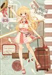  aikatsu! aikatsu!_(series) anchor_symbol arm_up blonde_hair blush bow commentary_request dress english full_body hat hat_removed headwear_removed highres holding holding_hat hoshimiya_ichigo jewelry koedo long_hair luggage necklace open_mouth red_eyes ribbon rolling_suitcase sandals short_sleeves smile solo straw_hat teeth wrist_cuffs 