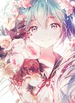  aqua_hair blush buttons cherry_blossoms collarbone flower gomzi hatsune_miku long_hair looking_at_viewer ribbon rose sailor_collar smile solo twintails vocaloid 