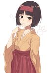  black_hair blush brown_eyes erika_(pokemon) finger_to_mouth furukawa_wanosuke gen_1_pokemon hairband japanese_clothes kimono oddish pokemon pokemon_(creature) pokemon_(game) pokemon_frlg short_hair smile solo 