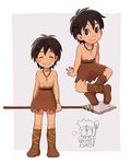  black_hair boots bright_pupils brown_eyes doraemon doraemon:_nobita_no_nihon_tanjou doraemon_(character) kukuru_(doraemon) loincloth male_focus monokuro_(snog) outside_border polearm smile solo spear standing tan weapon whistle 