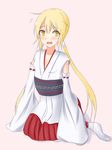 alternate_costume bangs blonde_hair blush commentary_request cosplay detached_sleeves eyebrows eyebrows_visible_through_hair flying_sweatdrops fusou_(kantai_collection) fusou_(kantai_collection)_(cosplay) hair_between_eyes hair_ribbon hakama hakama_skirt highres japanese_clothes kantai_collection kikuzunooka long_hair long_sleeves looking_at_viewer low_twintails nontraditional_miko obi open_mouth pink_background pleated_skirt red_skirt ribbon sash satsuki_(kantai_collection) simple_background skirt sleeves_past_wrists solo twintails white_legwear wide_sleeves yellow_eyes 