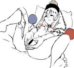  blush censored chain choker earth_(ornament) feet heart heart_hands hecatia_lapislazuli kagari6496 knees_up lying monochrome moon_(ornament) navel nude off-shoulder_shirt on_back on_bed panties panties_around_one_leg pillow polos_crown presenting pussy shirt sketch solo spot_color spread_legs toes touhou underwear 
