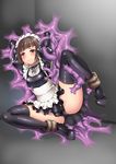  apron arms_behind_head blush boots brown_eyes brown_hair bulge frown hiememiko high_heel_boots high_heels highres latex maid maid_headdress male_focus monster otoko_no_ko panties puffy_sleeves restrained solo spread_legs thigh_boots thighhighs underwear 