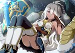  ahoge armor armored_dress bare_shoulders black_panties blush boots breasts dark_skin dress gloves gochou_(atemonai_heya) granblue_fantasy long_hair looking_at_viewer panties pantyshot pantyshot_(sitting) red_eyes shield sitting sleepy small_breasts solo sword thighhighs underwear very_long_hair weapon white_hair wiping_eyes zooey_(granblue_fantasy) 