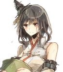  bare_shoulders black_hair bucket cannon chibirisu expressionless frown hair_between_eyes hair_ornament hairpin headgear kantai_collection machinery red_eyes repair_bucket simple_background solo sweat sweatdrop tareme tassel turret upper_body wet white_background yamashiro_(kantai_collection) 