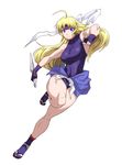  blonde_hair blue_eyes breasts female headband japanese_clothes kunai large_breasts leotard martial_champion racheal smile thighhighs weapon 