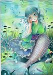  air_bubble aqua_eyes aqua_hair artist_name blush bubble dated drill_hair fish frills head_fins japanese_clothes kimono knees long_sleeves looking_at_viewer mermaid monster_girl mosho obi open_mouth red_ribbon ribbon sash scales shell solo touhou traditional_media underwater wakasagihime wide_sleeves 