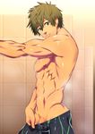  1boy abs ass bara bathroom brown_hair bulge free! green_eyes looking_at_viewer lvlv muscle nipples pecs penis pov shower solo tachibana_makoto topless undressing water wet yaoi 