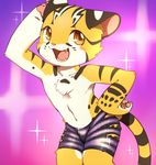  4_fingers blush brown_eyes brown_fur clothing cub feline fur male mammal open_mouth shorts simple_background solo standing tiger white_fur yellow_fur young ライル_(artist) 