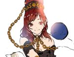  breasts chain choker cleavage earth_(ornament) hat hecatia_lapislazuli kagari6496 light_smile long_hair looking_at_viewer medium_breasts moon_(ornament) off-shoulder_shirt polos_crown red_eyes red_hair shirt sketch solo touhou 