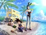  air_tone animal_ears bad_id bad_pixiv_id bag black_eyes black_hair blue_eyes blue_hair blue_sky breasts bulma bunny_ears bunnysuit cleavage cloud day detached_collar dougi dragon_ball dragon_ball_(classic) fake_animal_ears footprints hairband medium_breasts mountain ocean oolong palm_tree pantyhose pig power_pole puar rv sand shadow sky sleeping smile son_gokuu sun sunlight suspenders towel towel_on_head tree turtle wrist_cuffs yamcha 