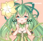  alraune_(p&amp;d) blue_eyes blush clenched_hands detached_collar flower frown hair_flower hair_ornament hair_ribbon half-closed_eyes long_hair marshmallow_mille open_mouth pink_background plant_girl puzzle_&amp;_dragons ribbon solo sweat tears twitter_username upper_body 