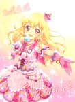  2015 aikatsu! aikatsu!_(series) blonde_hair dated dress earrings frilled_dress frills gloves happy_birthday hat heart highres holding holding_microphone hoshimiya_ichigo jewelry long_hair looking_at_viewer microphone mini_hat necklace open_mouth outstretched_arm red_eyes short_sleeves smile solo to_toko_ba_na 