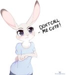  2016 anthro blush crossed_arms dialogue disney english_text female fur grey_fur hi_res judy_hopps lagomorph long_ears mammal open_mouth pastelmistress purple_eyes rabbit simple_background solo text white_background zootopia 