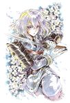  armor bad_id bad_pixiv_id colored_pencil_(medium) flower gloves honebami_toushirou japanese_armor k-mame male_focus military military_uniform necktie petals purple_eyes shoulder_armor sode solo sword touken_ranbu traditional_media uniform wakizashi weapon white_gloves white_hair 