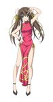  armpits brown_hair china_dress chinese_clothes dress full_body green_eyes hair_ribbon hand_on_hip highres huang_lingyin infinite_stratos long_hair looking_at_viewer ribbon smile solo transparent_background twintails v yellow_ribbon 