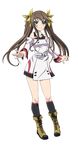  black_legwear boots brown_hair cross-laced_footwear detached_sleeves full_body green_eyes hair_ribbon highres huang_lingyin infinite_stratos kneehighs lace-up_boots long_hair looking_at_viewer ribbon smile socks solo transparent_background twintails yellow_ribbon 