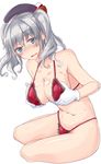  absurdres bikini blue_eyes breast_hold breasts covered_nipples gloves hat highleg highleg_bikini highleg_swimsuit highres kantai_collection kashima_(kantai_collection) large_breasts long_hair navel silver_hair solo swimsuit twintails yuuma_(noel) 