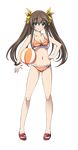 ball bikini breasts brown_hair cleavage front_zipper_swimsuit full_body green_eyes hair_ribbon hand_on_hip highres huang_lingyin infinite_stratos long_hair looking_at_viewer meme_attire navel one-piece_swimsuit orange_bikini polka_dot polka_dot_bikini ribbon see-through small_breasts smile solo swimsuit transparent_background twintails yellow_ribbon 