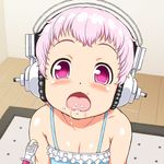  baby blush food food_in_mouth food_on_face headphones looking_at_viewer navel nitroplus open_mouth pink_eyes pink_hair short_hair solo spoon super_sonico tsuji_santa younger 