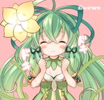  alraune_(p&amp;d) blush clenched_hands closed_eyes detached_collar flower frown hair_flower hair_ornament hair_ribbon heartbeat incoming_kiss long_hair marshmallow_mille pink_background plant_girl puzzle_&amp;_dragons ribbon solo sweat twitter_username upper_body 
