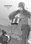  2boys abs bara drooling male_focus mask monochrome multiple_boys muscle mxsxe naughty_face pecs saliva sitting_on_person size_difference straddling tongue yaoi 