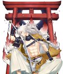  abs animal_ears armor bad_id bad_pixiv_id bare_chest bishounen black_gloves calligraphy flower_knot fox_boy fox_ears gloves gold_trim hakama japanese_armor japanese_clothes kanenari kanji katana kogitsunemaru long_hair male_focus open_clothes partly_fingerless_gloves pom_pom_(clothes) red_eyes shoulder_armor sitting sode solo sword tassel thick_eyebrows torii touken_ranbu very_long_hair weapon white_hair 