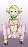  anthro armwear bell caprine clothing collar crop_top cub front_view girly hooves legwear looking_at_viewer male mammal naughty_face panties screentone sheep shirt sitting solo tenting tongue tongue_out toybadgers underwear young 