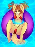  2016 4_toes anthro arms_above_head bikini breasts brown_eyes brown_hair canine clothed clothing dakota_mecklenburg dog female fur golden_retriever hair inner_tube long_hair looking_at_viewer lying mammal navel on_back pinup pool_float pose solo spazzykoneko swimming_pool swimsuit tan_fur thick_thighs toes water wet 