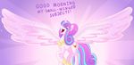  2016 cloud cutie_mark edowaado english_text equine eyes_closed feathered_wings feathers female feral flurry_heart_(mlp) friendship_is_magic fur hair hi_res horn mammal multicolored_hair my_little_pony open_mouth pink_fur smile solo spread_wings text winged_unicorn wings young 