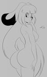  2015 anthro bangs big_breasts big_butt big_ears black_fur black_nose breasts bubble_butt butt butt_pose facial_markings female floppy_ears fur hair hi_res huge_butt jazmin_usagi lagomorph line_art long_ears long_hair looking_back mammal markings mastergodai nude open_mouth rabbit rascals side_boob simple_background solo standing wide_hips 