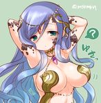  ? arms_behind_head arms_up blue_hair blush breasts circlet gaia_(p&amp;d) green_background green_eyes half-closed_eyes jewelry large_breasts long_hair looking_at_viewer marshmallow_mille necklace puzzle_&amp;_dragons scales solo spoken_question_mark twitter_username upper_body 