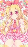  aikatsu! aikatsu!_(series) blonde_hair bow dress flower food frilled_dress frills fruit hair_ribbon hairband heart hoshimiya_ichigo long_hair looking_at_viewer necktie open_hands red_eyes ribbon ro_(igris-geo) short_sleeves smile solo star strawberry 