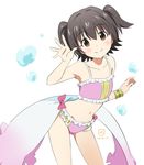  akagi_miria bikini black_hair bracelet brown_eyes cosplay dated frilled_bikini frills hanami_yuzuka hanami_yuzuka_(cosplay) idolmaster idolmaster_cinderella_girls jewelry kueru_(yuuki_tamerawanai) mahou_shoujo_nante_mou_ii_desukara. short_hair smile solo swimsuit twintails 