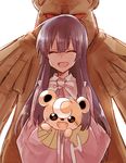  blush carrying closed_eyes commentary_request crossover fang gen_2_pokemon houraisan_kaguya long_hair long_sleeves open_mouth parent_and_child pokemon pokemon_(creature) red_eyes six_(fnrptal1010) smile teddiursa touhou ursaring 