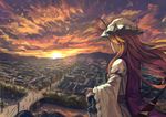  berabou blonde_hair bush cloud commentary_request dress evening from_behind gap hat hat_ribbon horizon lens_flare long_hair long_sleeves looking_afar mob_cap mountain orange_sky people red_eyes ribbon scenery silhouette sky solo stream sunset tabard telephone_pole touhou town white_dress wide_sleeves wind yakumo_yukari 