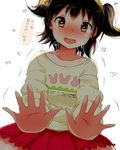  against_fourth_wall akagi_miria animal_print black_hair brown_eyes bunny_print check_translation cisyo idolmaster idolmaster_cinderella_girls looking_at_viewer open_mouth pov print_shirt shirt short_hair smile solo translation_request twintails 