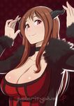  arms_up artist_name black_ribbon blush breasts brown_hair choker cleavage collarbone commentary daniel_macgregor dress emblem eyebrows fur_trim horns large_breasts long_sleeves looking_at_viewer maou_(maoyuu) maoyuu_maou_yuusha red_dress red_eyes ribbon sidelocks signature smile solo upper_body 