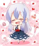  :d blue_hair blue_skirt blush cake chibi closed_eyes commentary drooling food heart heart_background imagining kamishirasawa_keine long_hair multicolored_hair open_mouth parfait pudding sidelocks silver_hair six_(fnrptal1010) skirt smile solo touhou two-tone_hair 