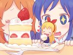  3girls aikatsu! aikatsu!_(series) bad_id bad_pixiv_id blonde_hair blue_eyes blue_hair brown_hair cake closed_eyes commentary_request doily eating food fork fruit hair_ribbon hairband heart holding holding_food hoshimiya_ichigo kiriya_aoi long_hair mika-shi minigirl multiple_girls oozora_akari open_mouth pleated_skirt ribbon school_uniform sitting skirt slice_of_cake starlight_academy_uniform strawberry strawberry_shortcake teeth 