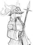  anthro burmecian coat female final_fantasy final_fantasy_ix final_fantasy_xiv freya_crescent hair hat looking_at_viewer mammal melee_weapon monochrome polearm rat rodent scarf simple_background sketch smile solo spear square_enix video_games weapon white_background wings 