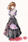  baby blush_stickers bow brown_hair child earrings jewelry long_hair long_skirt mother_and_child ponytail puffy_sleeves ring sad skirt solo_focus traditional_media umineko_no_naku_koro_ni ushiromiya_natsuhi yanon 