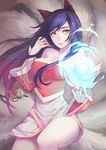  ahri animal_ears bare_shoulders black_hair breasts cleavage collarbone cowboy_shot detached_sleeves energy_ball facial_mark fingernails fox_ears fox_tail hair_ornament highres korean_clothes large_breasts league_of_legends light_smile long_fingernails long_hair multiple_tails outstretched_hand saphirya sharp_fingernails solo tail very_long_hair yellow_eyes 