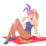  animal_ears arm_support bare_shoulders bow bowtie brown_hair bunny_ears bunny_tail bunnysuit crossed_legs cup dango detached_collar earrings eating food fukusuke_hachi-gou high_heels highres jewelry legs long_hair original pantyhose ponytail purple_eyes sanshoku_dango simple_background sitting solo tail wagashi white_background wrist_cuffs 