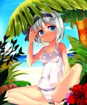  barefoot beach black_hairband blue_eyes blue_sky blush breasts cloud collarbone covered_navel covered_nipples day flower full-face_blush hairband konpaku_youmu looking_at_viewer nipples ocean one-piece_swimsuit open_mouth outdoors see-through shade short_hair silver_hair sitting sky small_breasts solo swimsuit t.o.d touhou tree tree_shade wet wet_clothes wet_swimsuit 