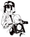  1girl androgynous auru_t black_hair goggles hat hermes kino kino_no_tabi monochrome motorcycle short_hair tagme 