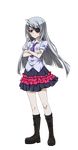  black_legwear black_skirt brown_hair crossed_arms eyepatch full_body highres infinite_stratos laura_bodewig long_hair looking_at_viewer necktie purple_neckwear shirt silver_hair skirt socks solo transparent_background white_shirt 