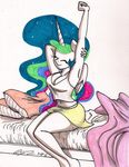  2016 anthro anthrofied bed breasts cleavage clothed clothing equine female friendship_is_magic hi_res horn mammal my_little_pony newyorkx3 princess_celestia_(mlp) sitting solo sparkles stretching traditional_media_(artwork) winged_unicorn wings 