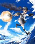  blue_hair cannon hat kantai_collection ocean ooshio_(kantai_collection) open_mouth pleated_skirt school_uniform shirt short_hair short_twintails skirt smokestack solo suspender_skirt suspenders takada_(takada-k) torpedo turret twintails water white_shirt 